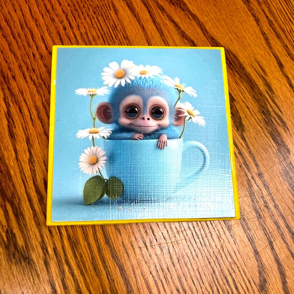 ☕️🐵🌼MONKEYinCUP🌼🐵☕️4x4 TILE cork back  HAND DECORATED COASTER/TRIVET/ART🐵🌼NEW🌼🐵
